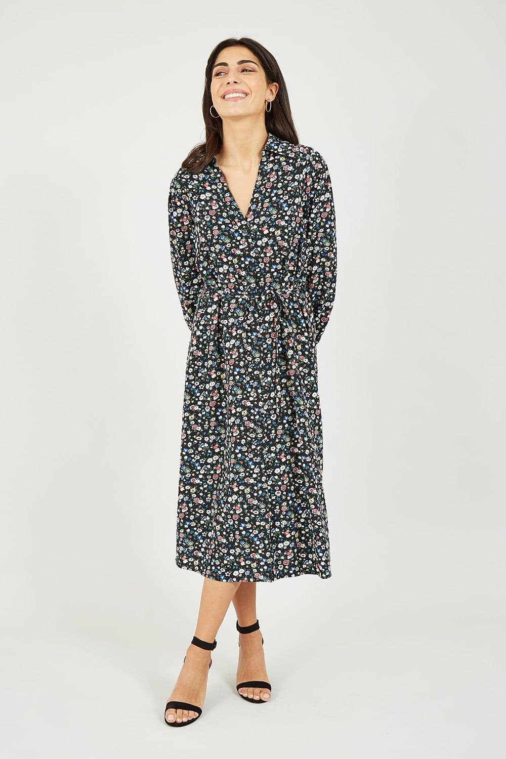 Black Ditsy Print Long Sleeve Shirt Midi Dress