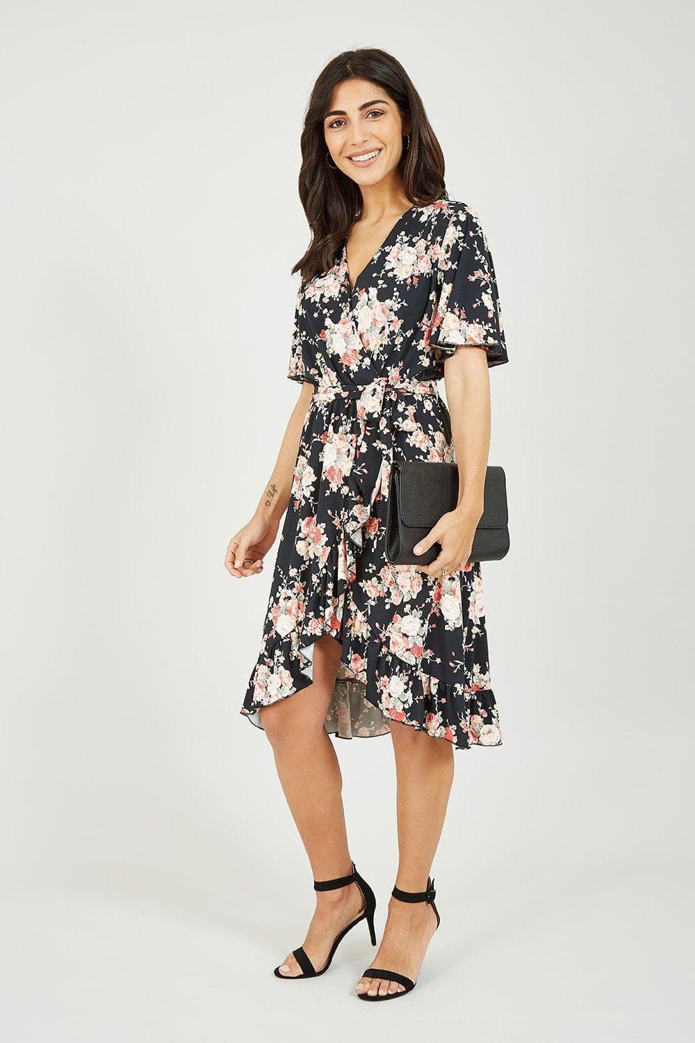 Rose Print Wrap Frill Jersey Dress