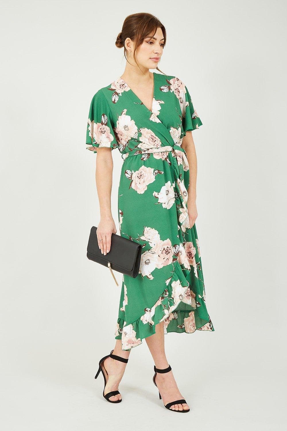 Rose Printed Bubble Crepe Wrap Effect Dress