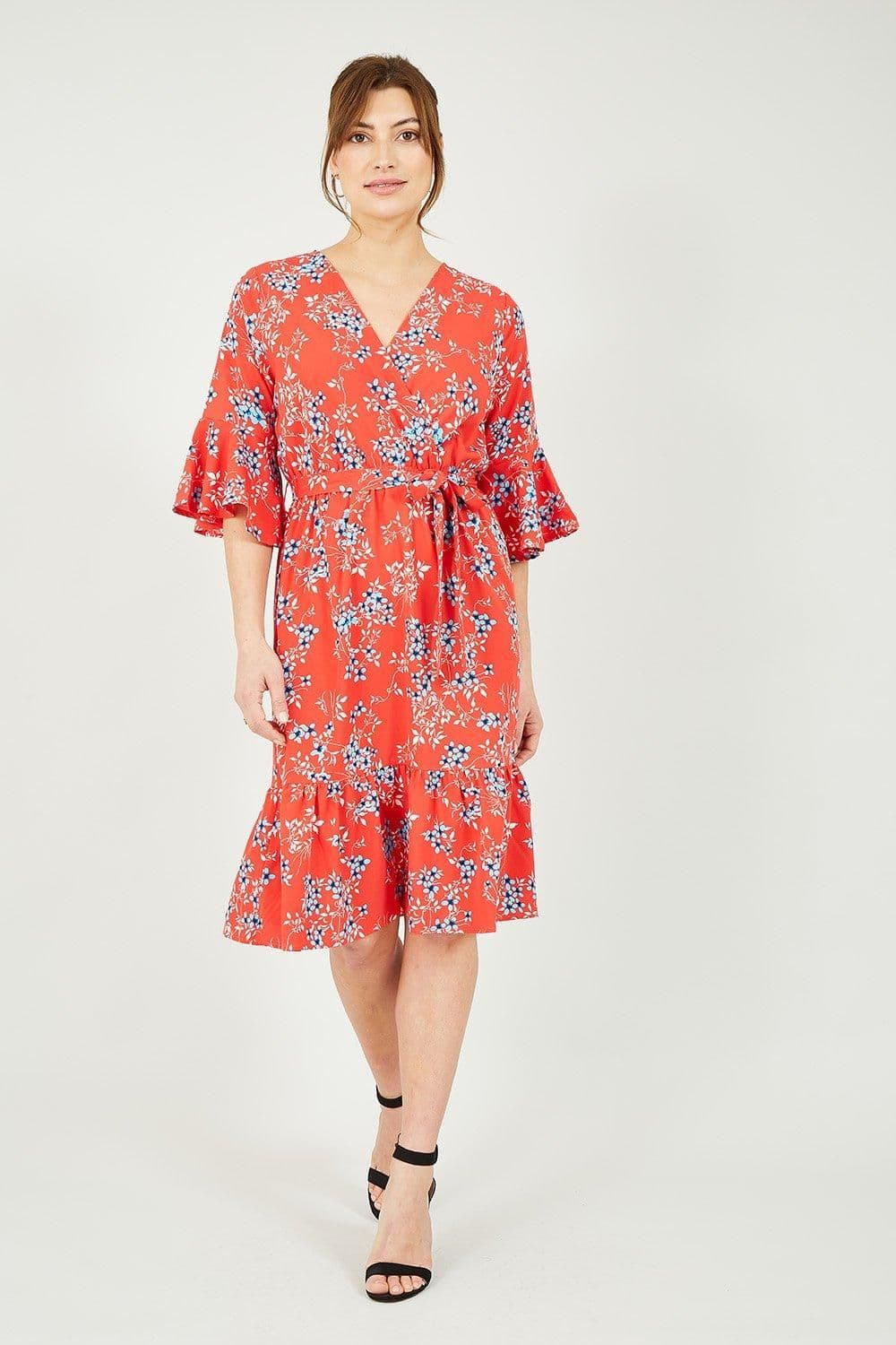 Floral Print Fluted Sleeve Wrap Skater Dress