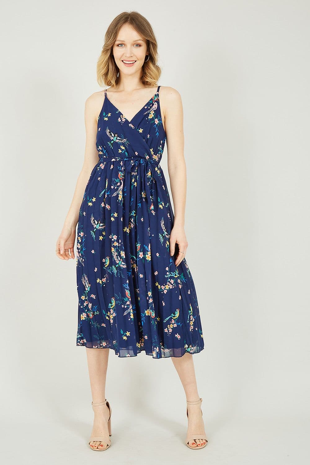 Navy Botanical Bird Print Pleat Dress