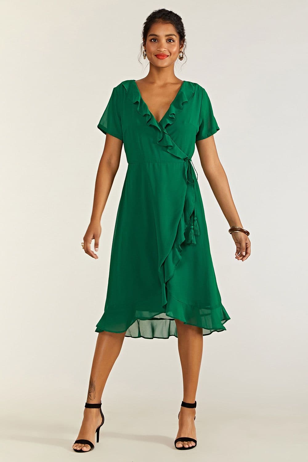 Green Frill Wrap Dress With Tassel Detail