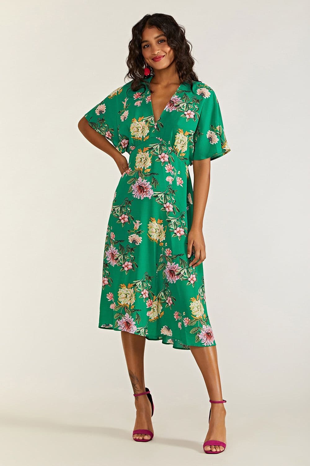 Yumi Women's Green Floral Midi Dress | Size: 8