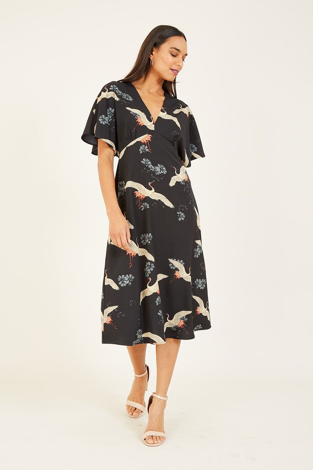 Yumi Women's Black Crane Print Midi Dress | Size: 8