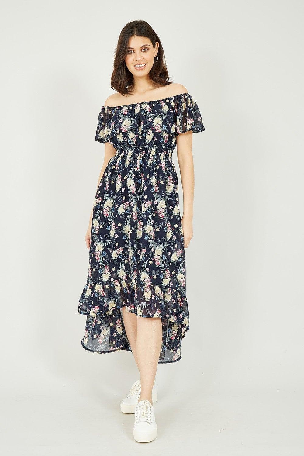 Tropical Printed Dipped Hem Bardot Dress