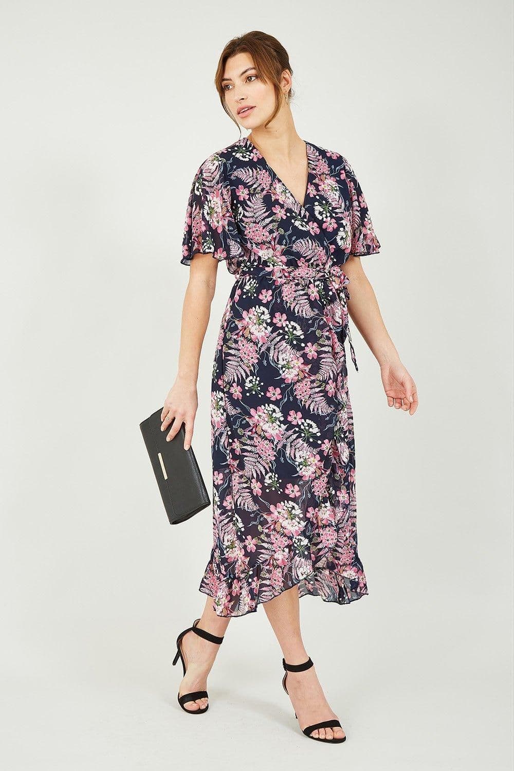 Tropical Floral Wrap Front Midi Dress