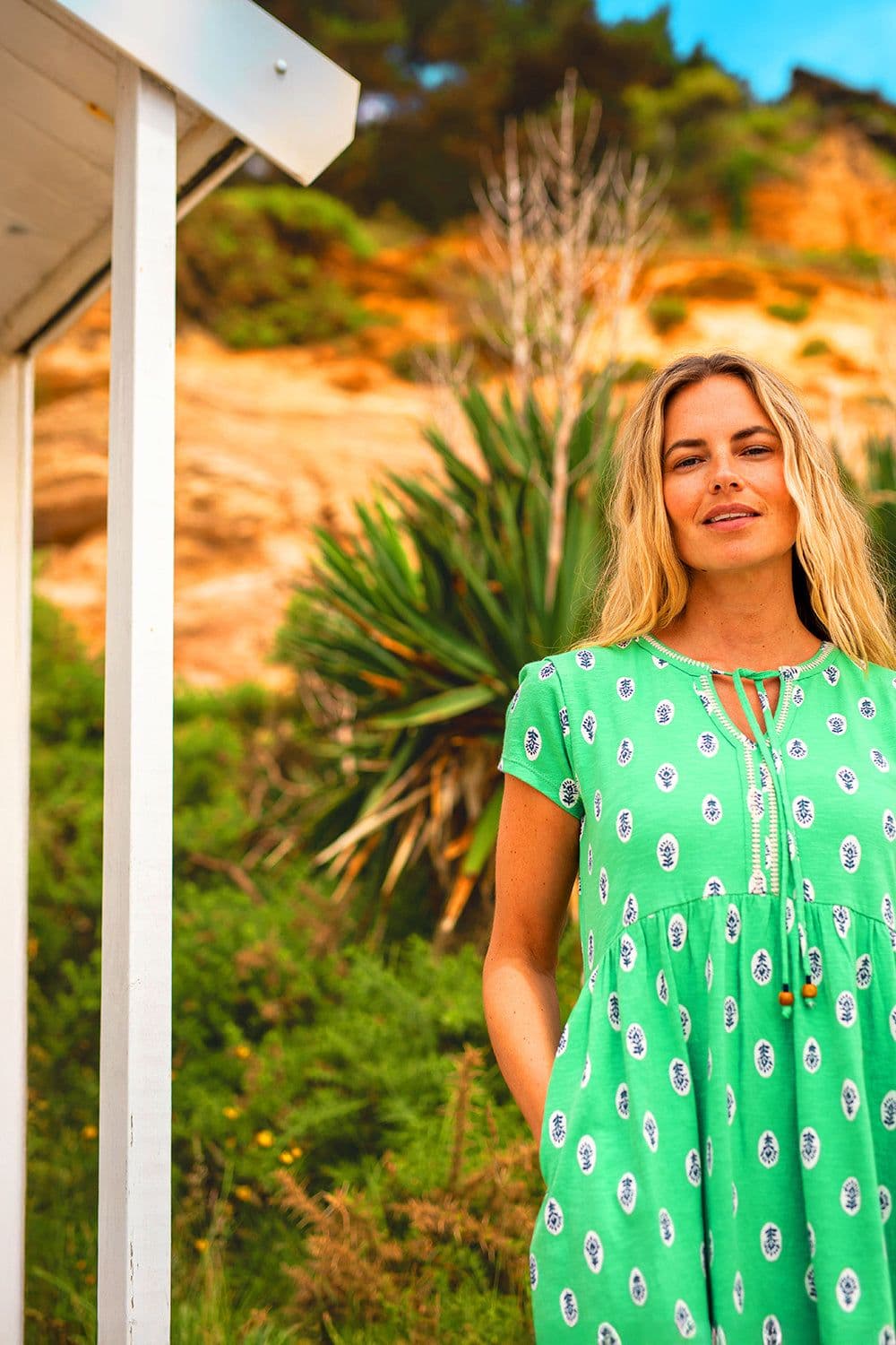 Woodblock Floral Knee Length Dress