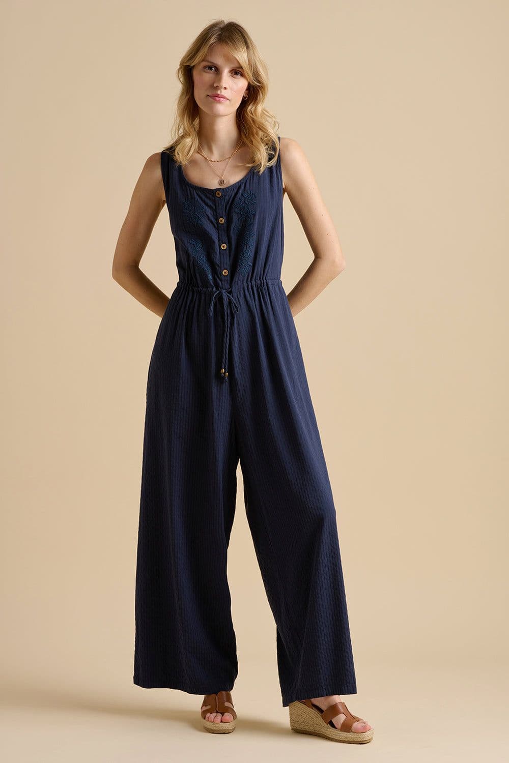 Embroidery Drawstring Tie Jumpsuit