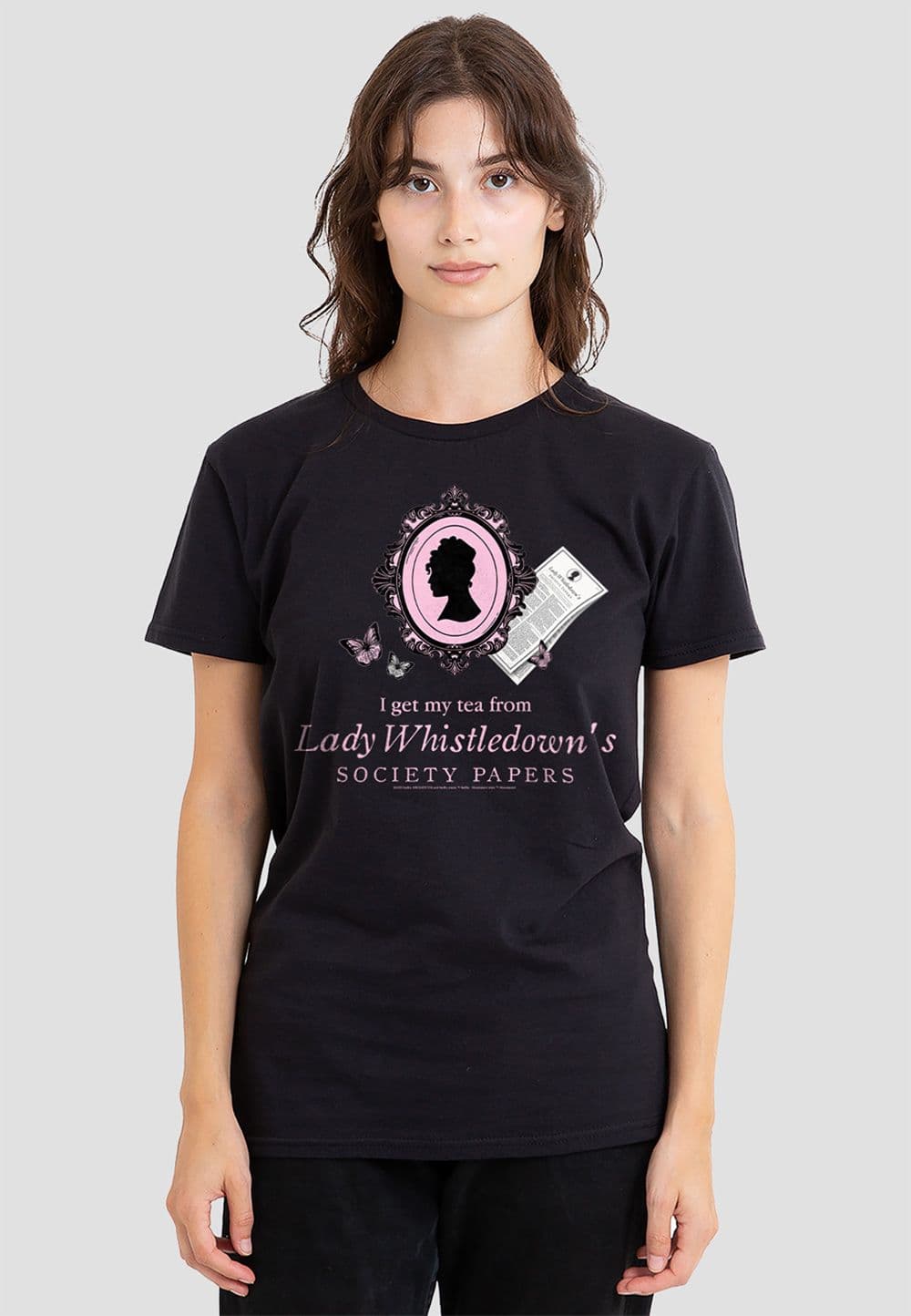 Netflix Women's Bridgerton - I Get My Tea From Lady Whistledown T-Shirt, Black | Size: Small