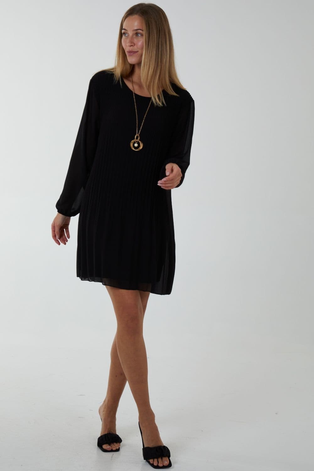 Long Sleeeve Pleated Shift Dress