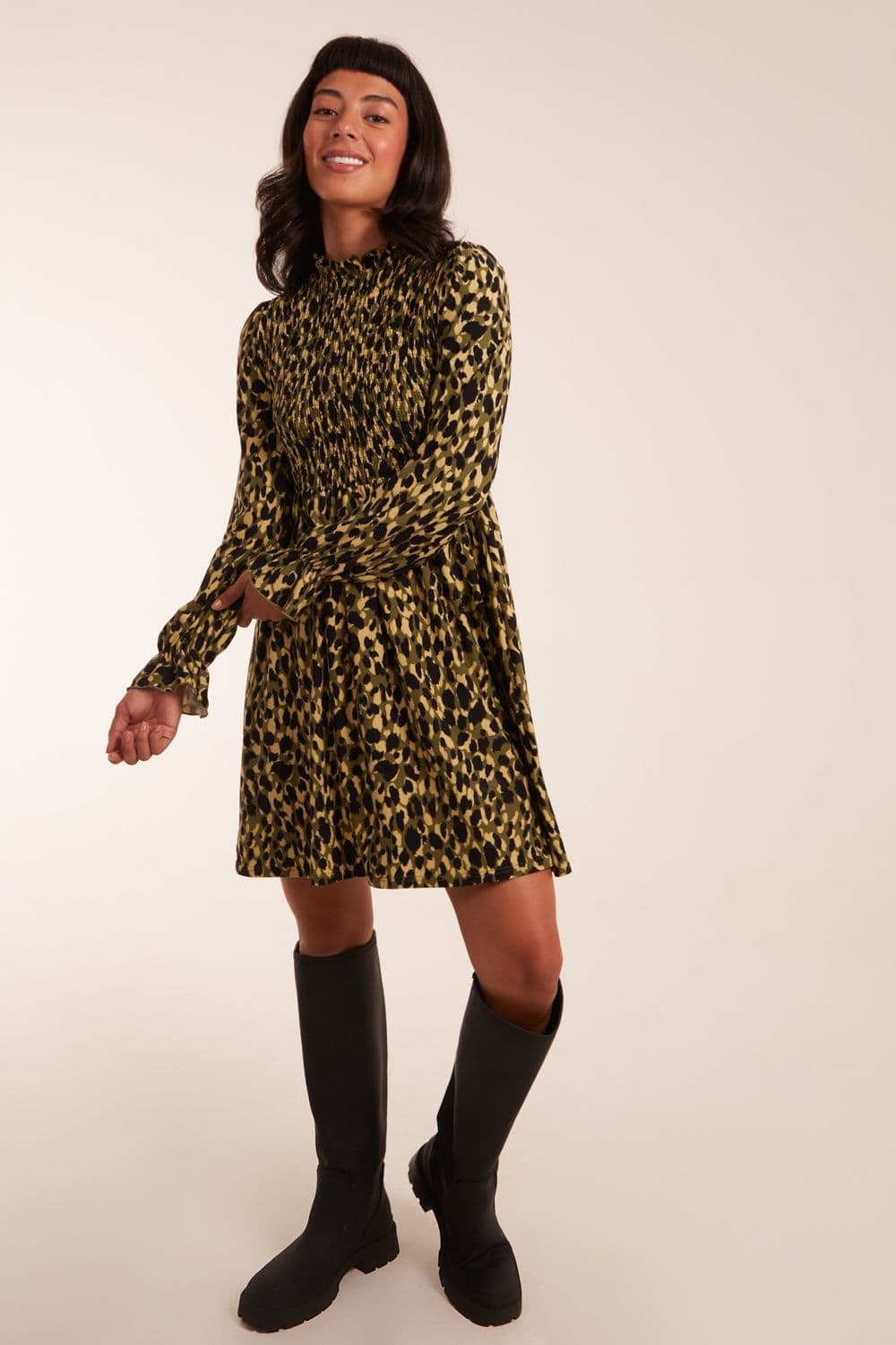 Shirred Trapeze Mini Dress Green