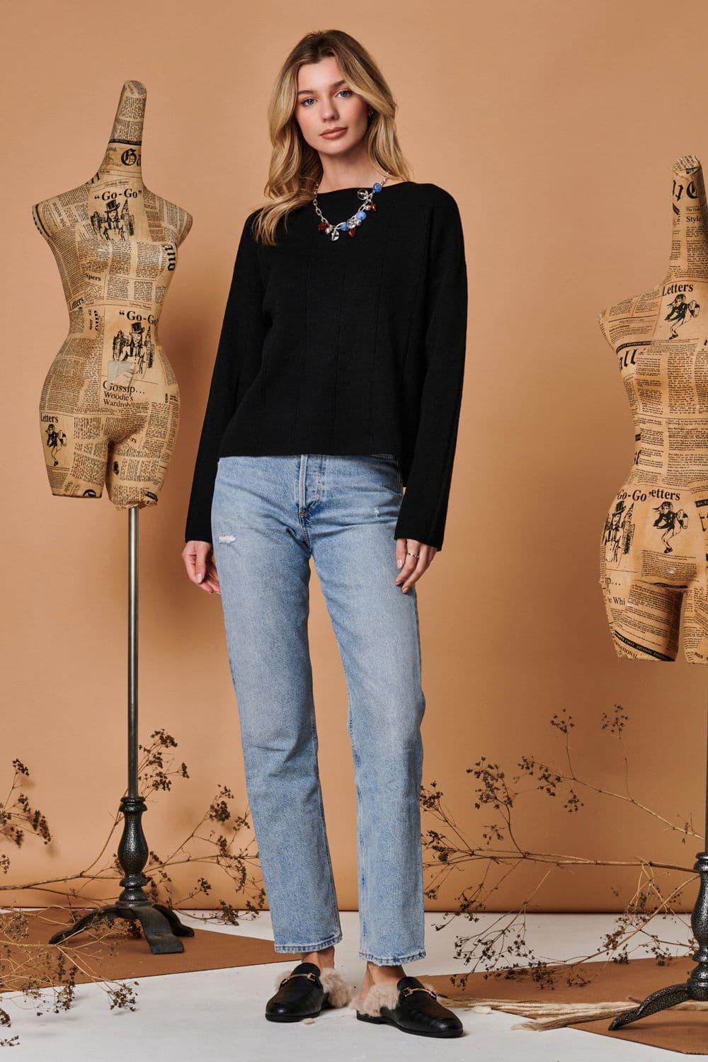 Round Neck Vertical Line Knit Top S M