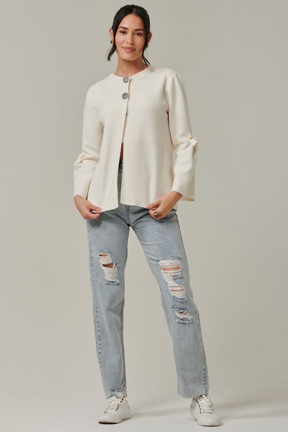 Button Bow Sleeve Knit Cardigan S M