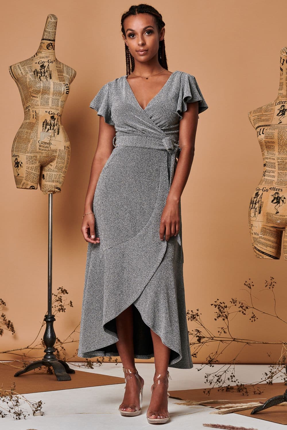 Metallic Effect Ruffle Hem Maxi Dress