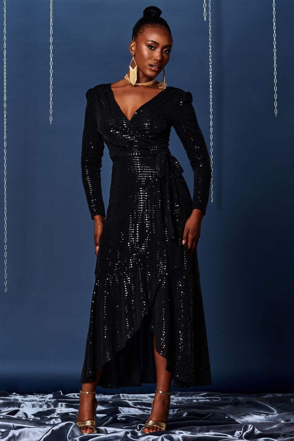 Sparkly Wrap Frill Hem Maxi Dress