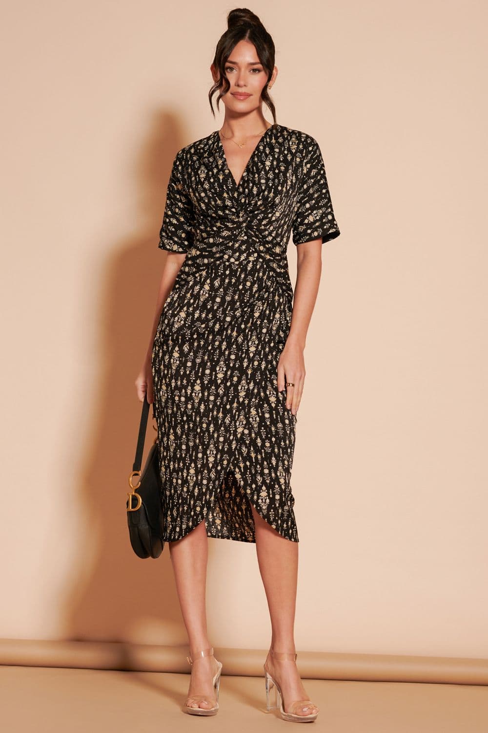 Print Twist Front Tulip Midi Dress