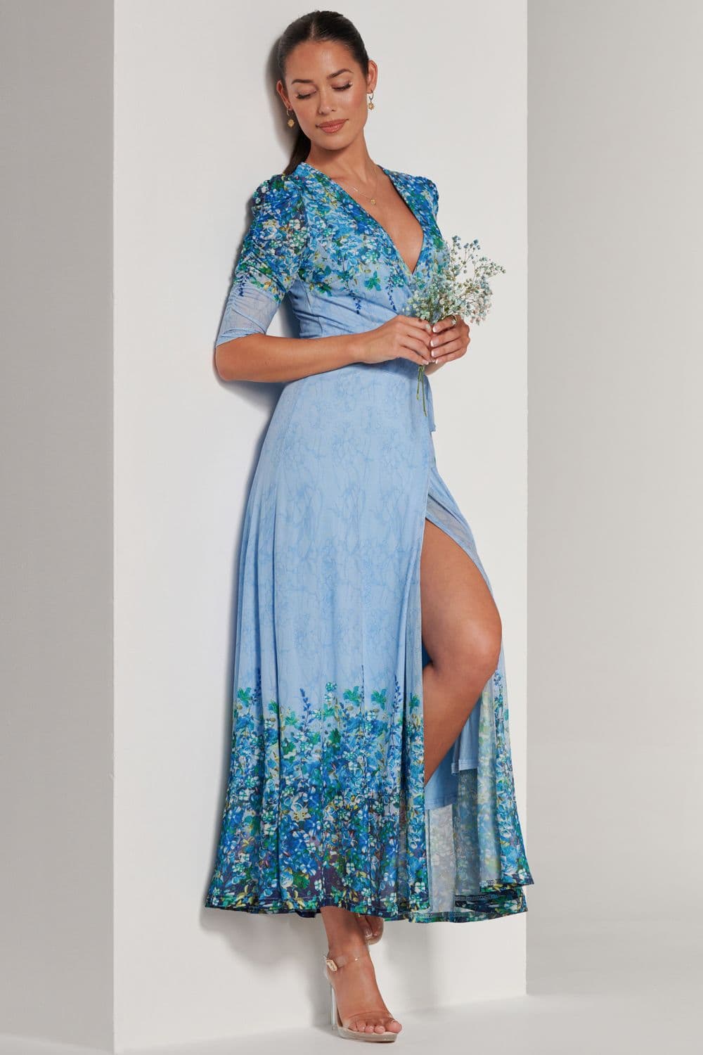 Peggy Ruched Sleeve Wrap Mesh Maxi Dress