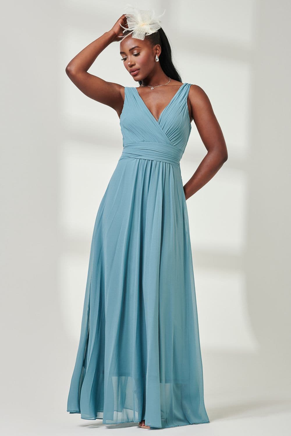 Pleated Bodice Chiffon Maxi Dress Pale