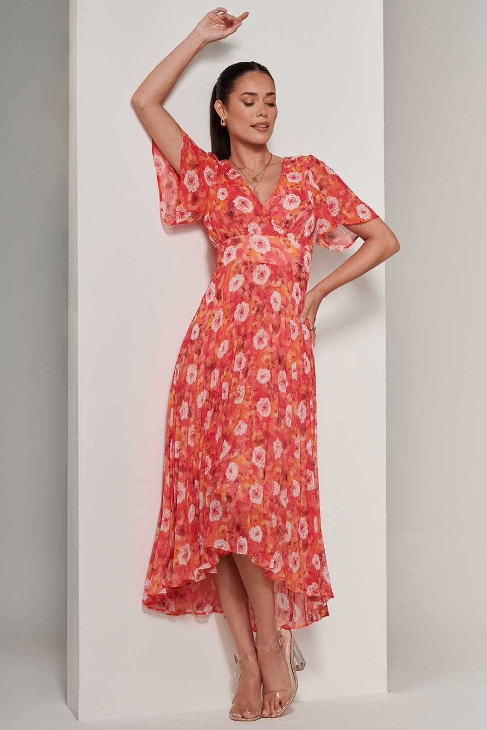 Floral Pleated Chiffon Dip Hem Dress