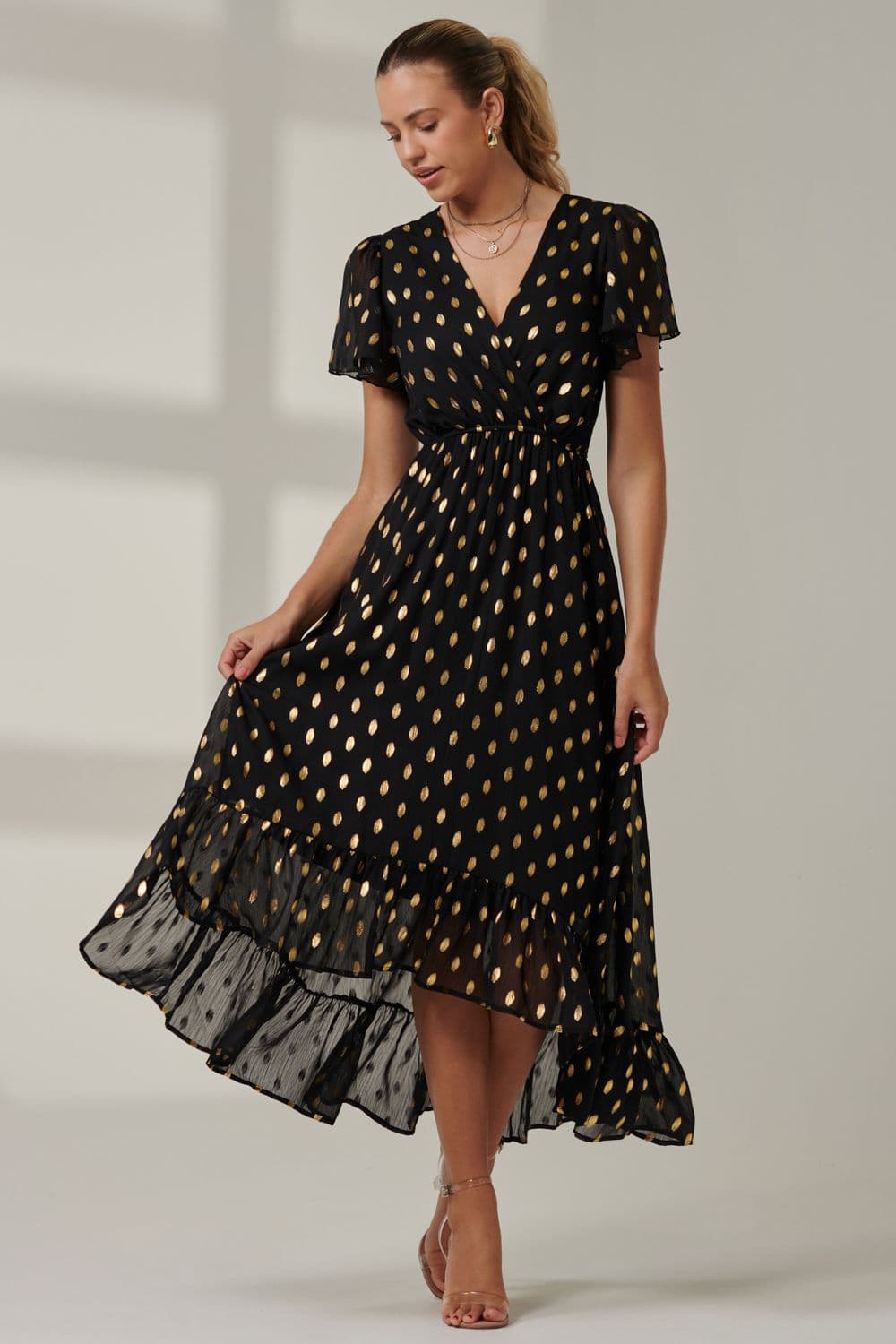 Metallic Effect Angel Sleeve Maxi Dress