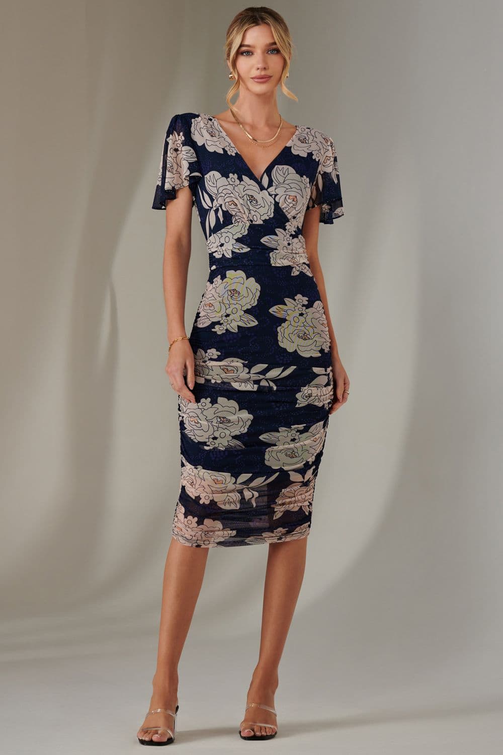 Angel Sleeve Ruched Bodycon Dress Mid