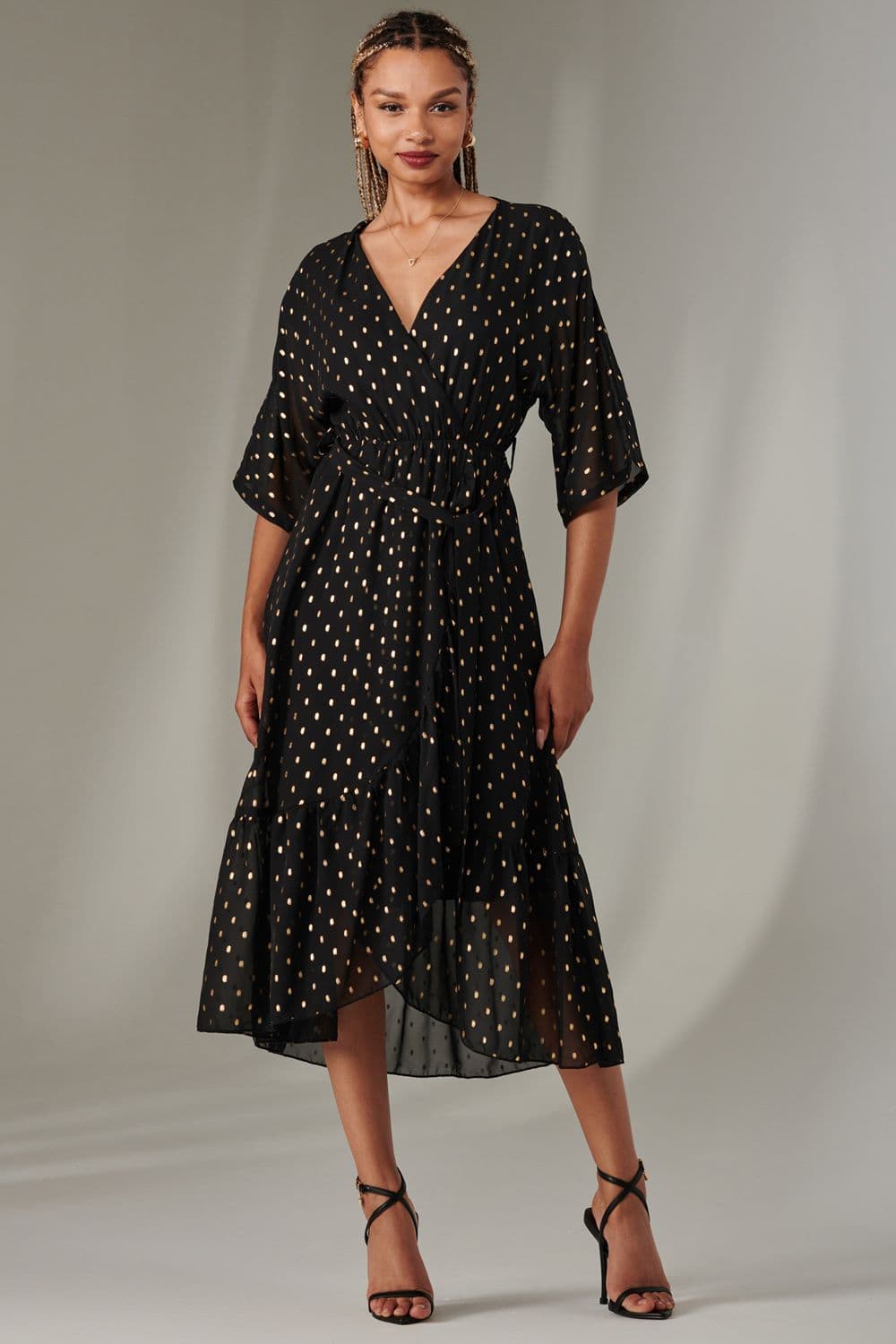 Rita Ruffle Hem Chiffon Midi Dress Metallic