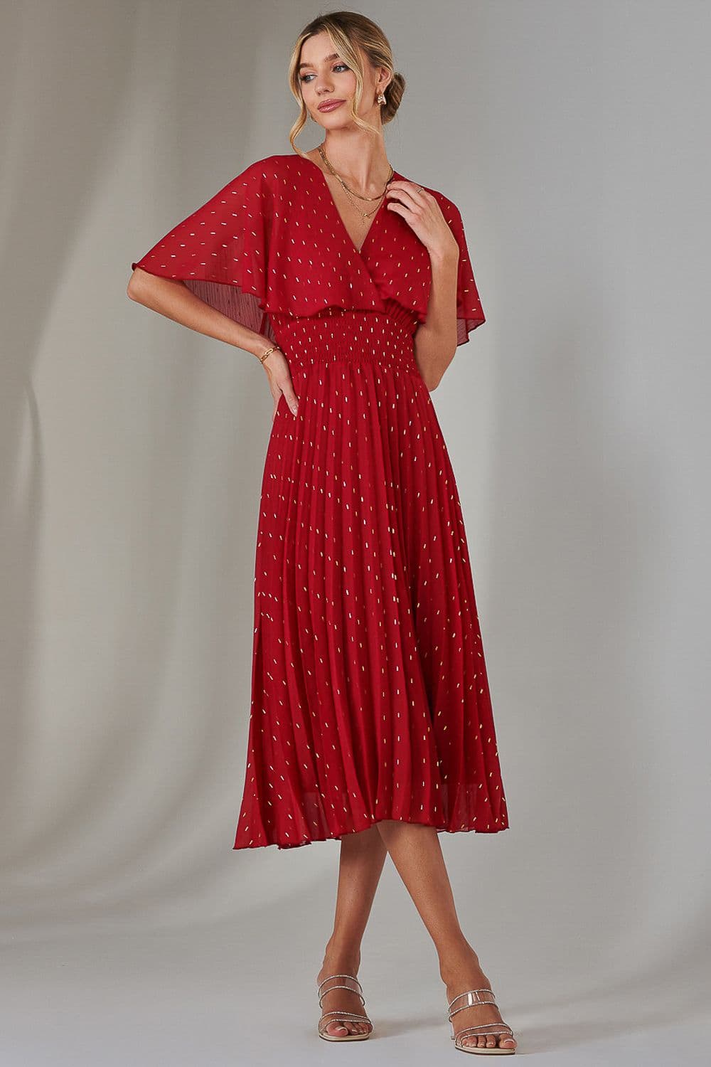 Metallic Spot Chiffon Pleated Dress Dark