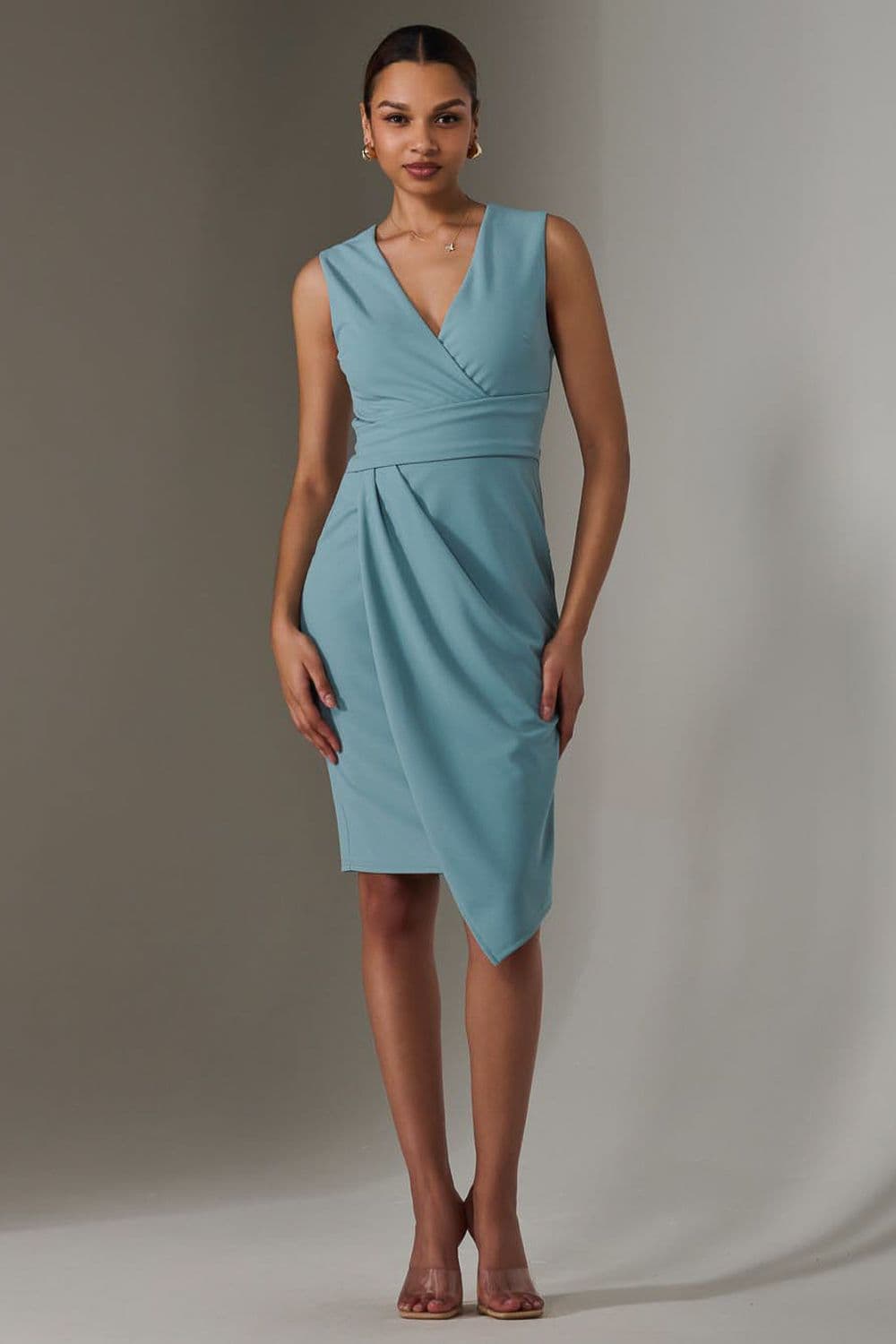 Sleeveless Wrap Front Midi Dress Duck Egg