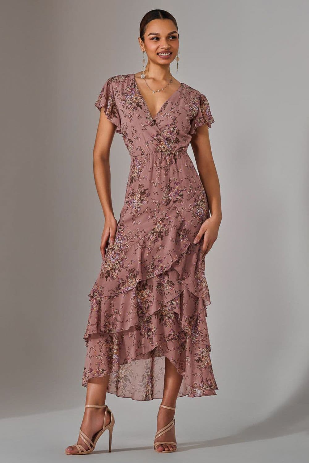 Printed Wrap Ruffle Maxi Dress