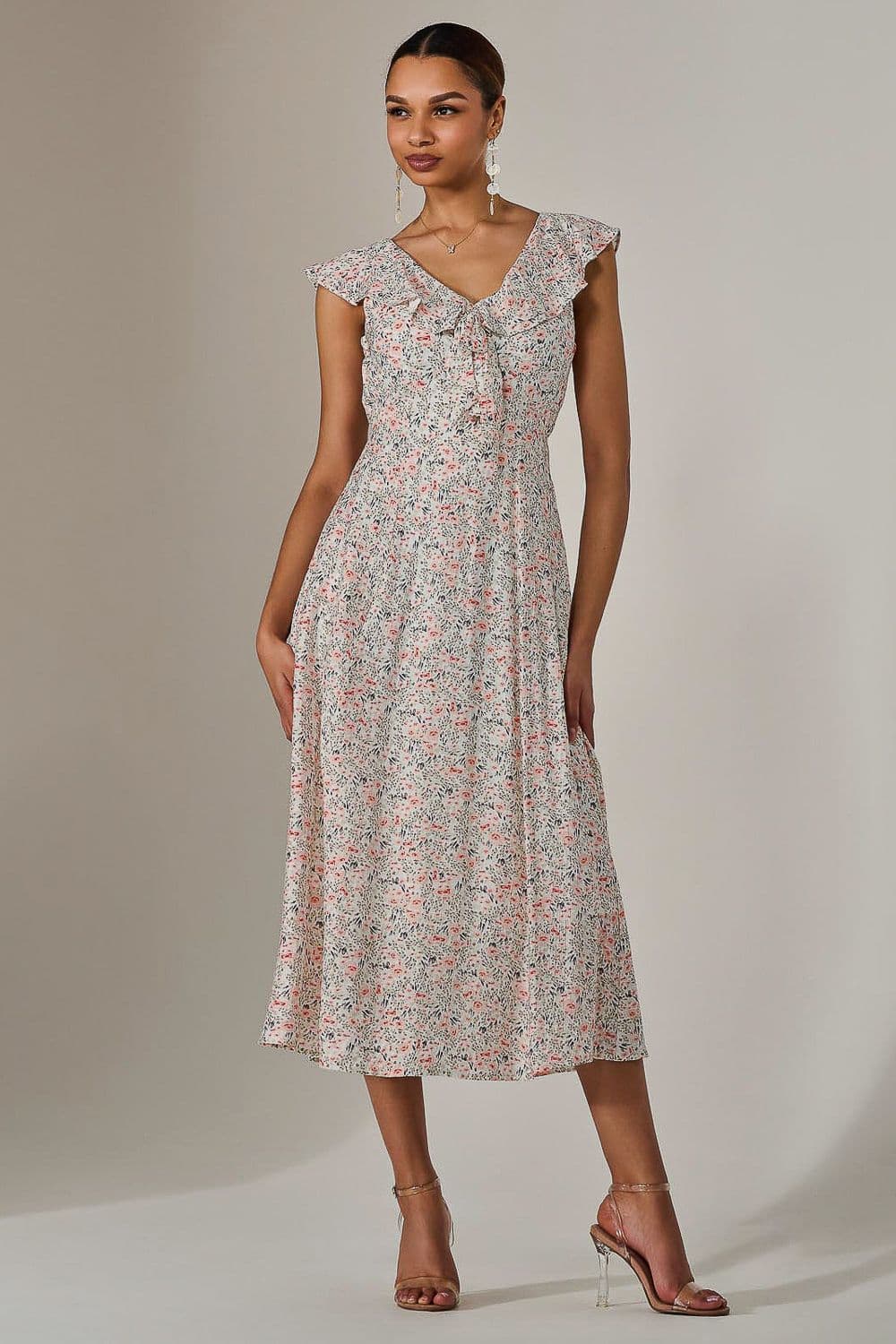 Frill V Neck Midaxi Dress Pale