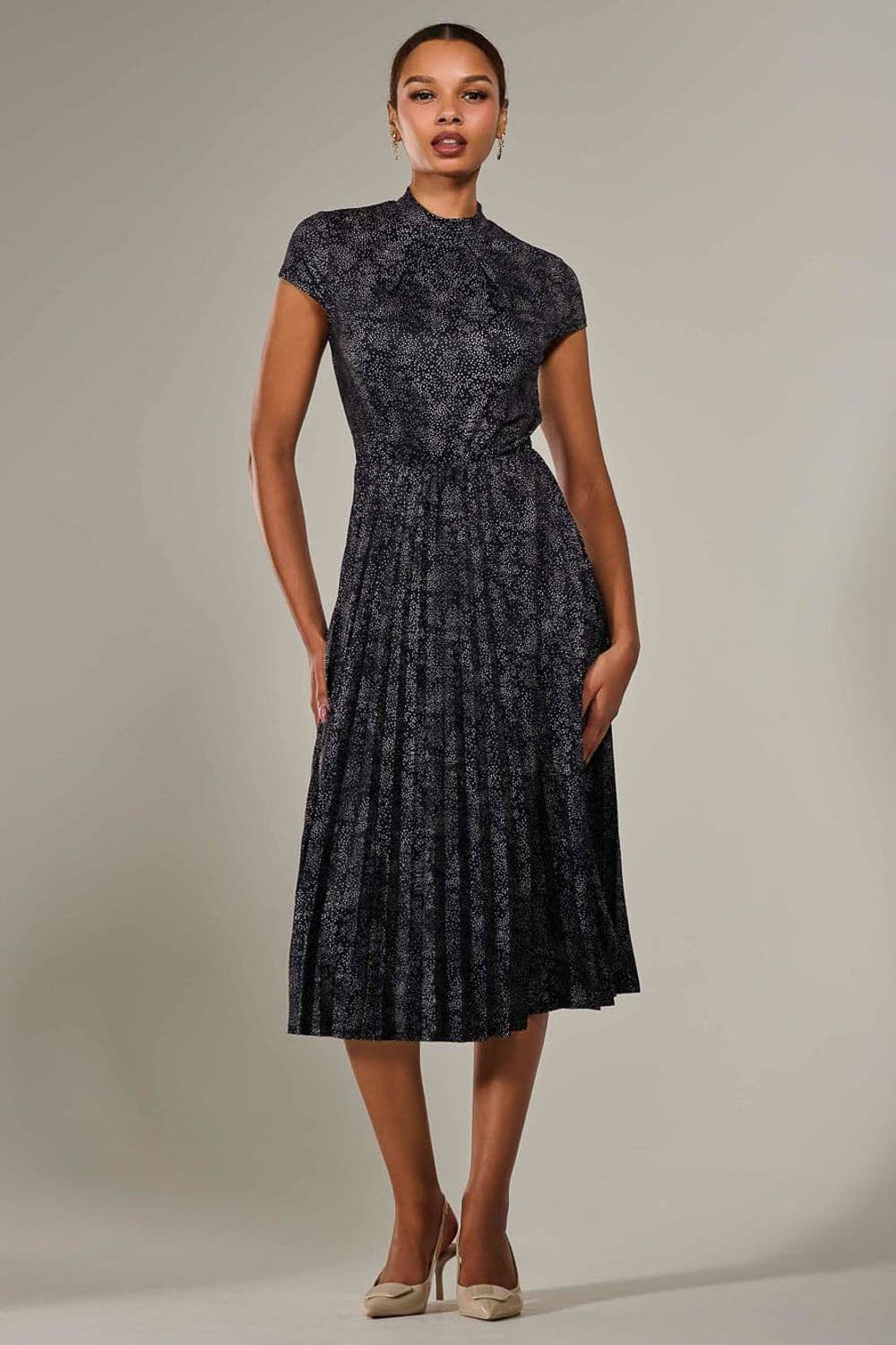 Jersey Capped Sleeve Pleated Midi Dress
