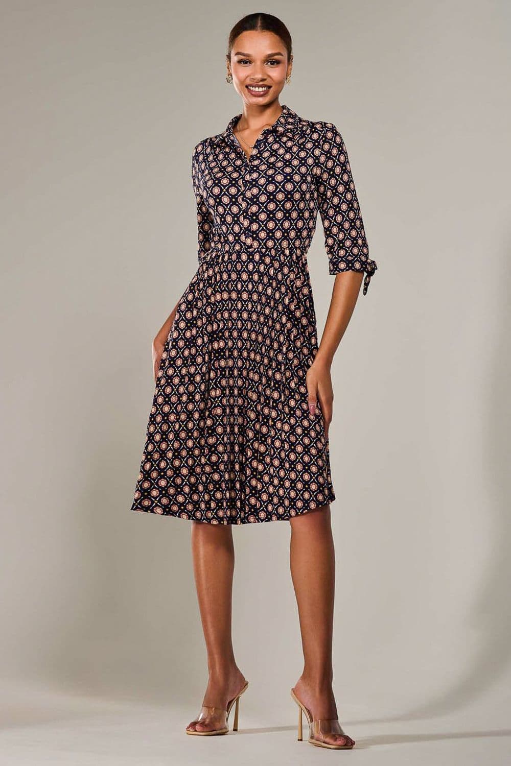 ¾ Sleeve Button Up Midi Dress