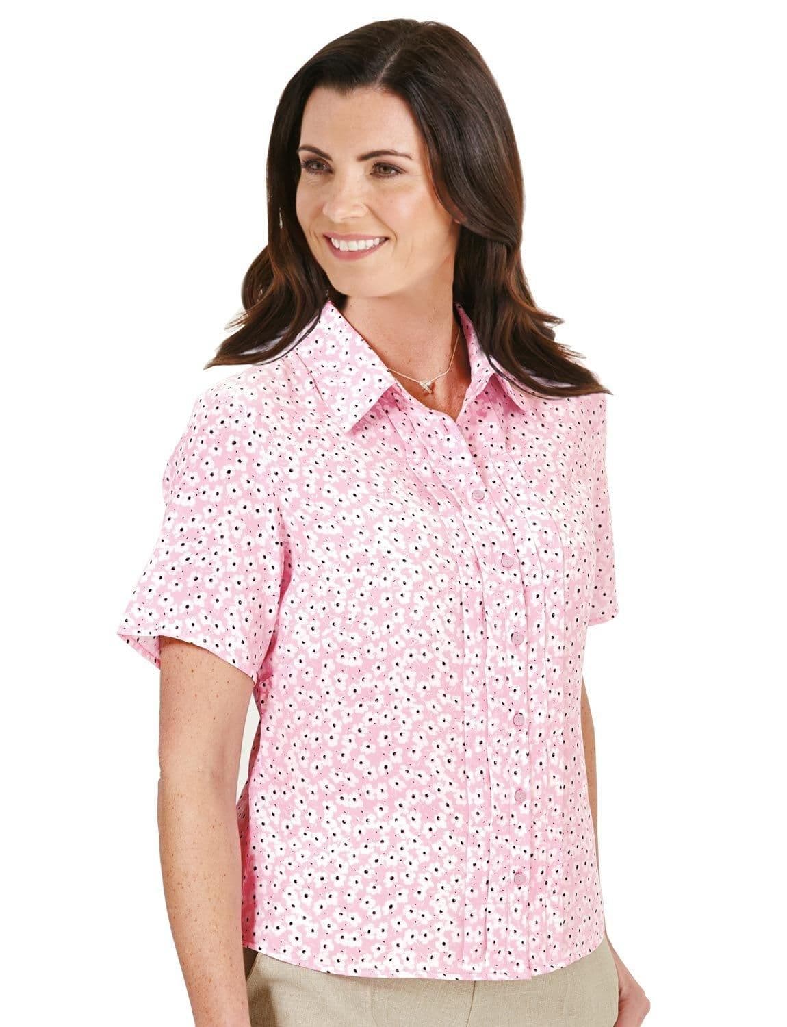 Chums Women's Short Sleeve Pintuck Printed Blouse in Pink | Size: 16