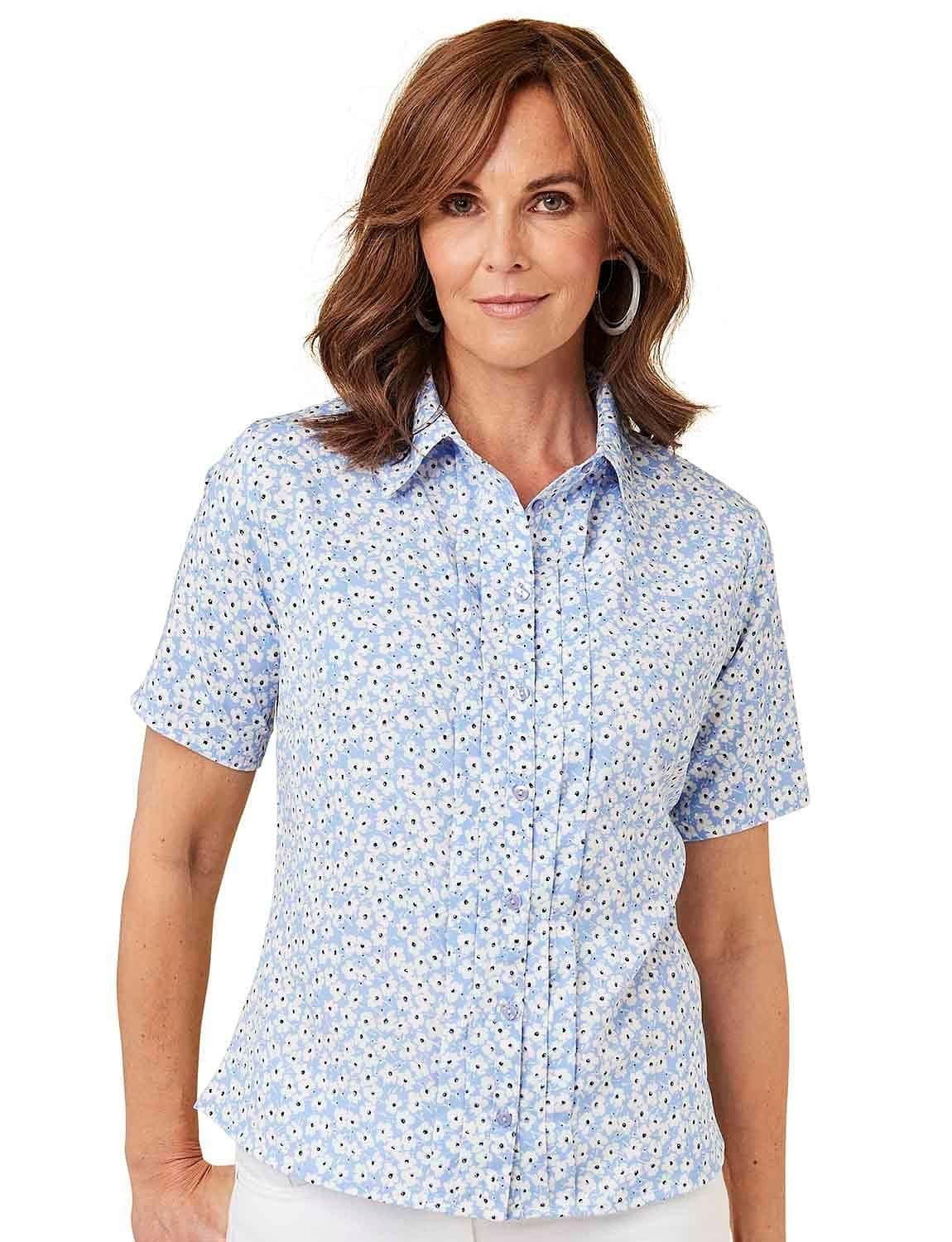 Chums Women's Short Sleeve Pintuck Printed Blouse in Blue | Size: 14
