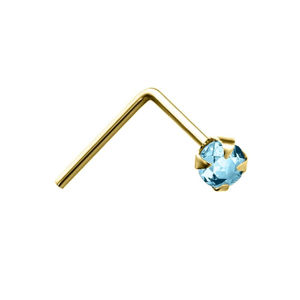 9ct Gold Aqua Crystal Solitaire Claw Set Nose Stud 2mm JNS053