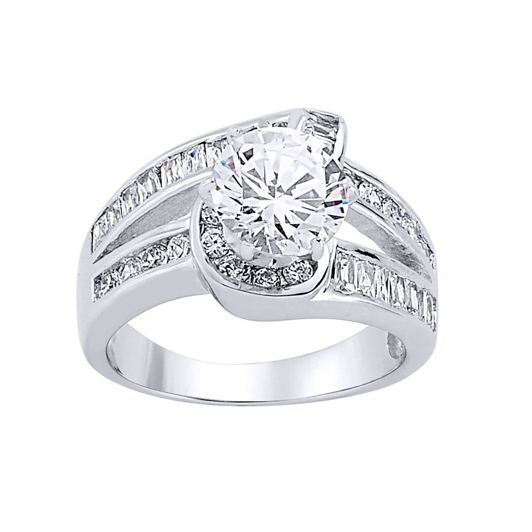 Silver Baguette CZ Crossover Twist Solitaire Engagement Ring