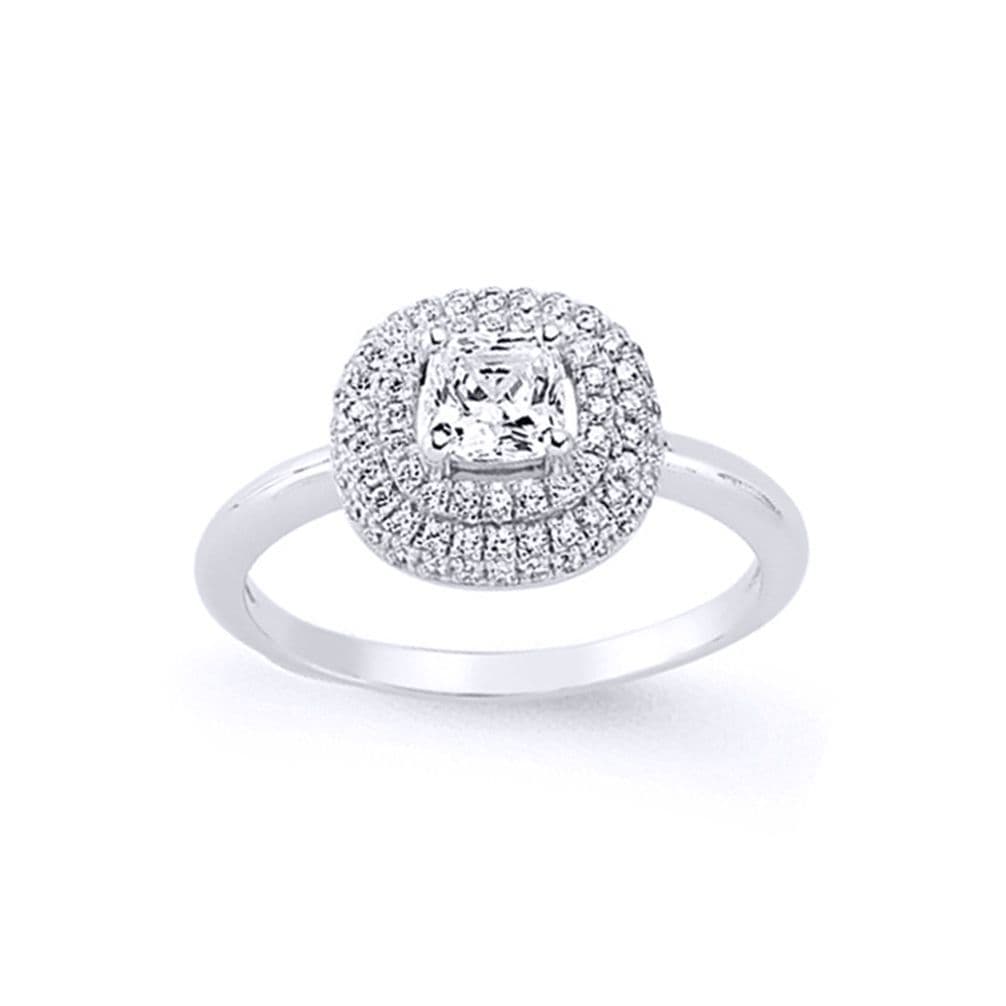 Silver Cushion CZ Double Halo Solitaire Engagement Ring O