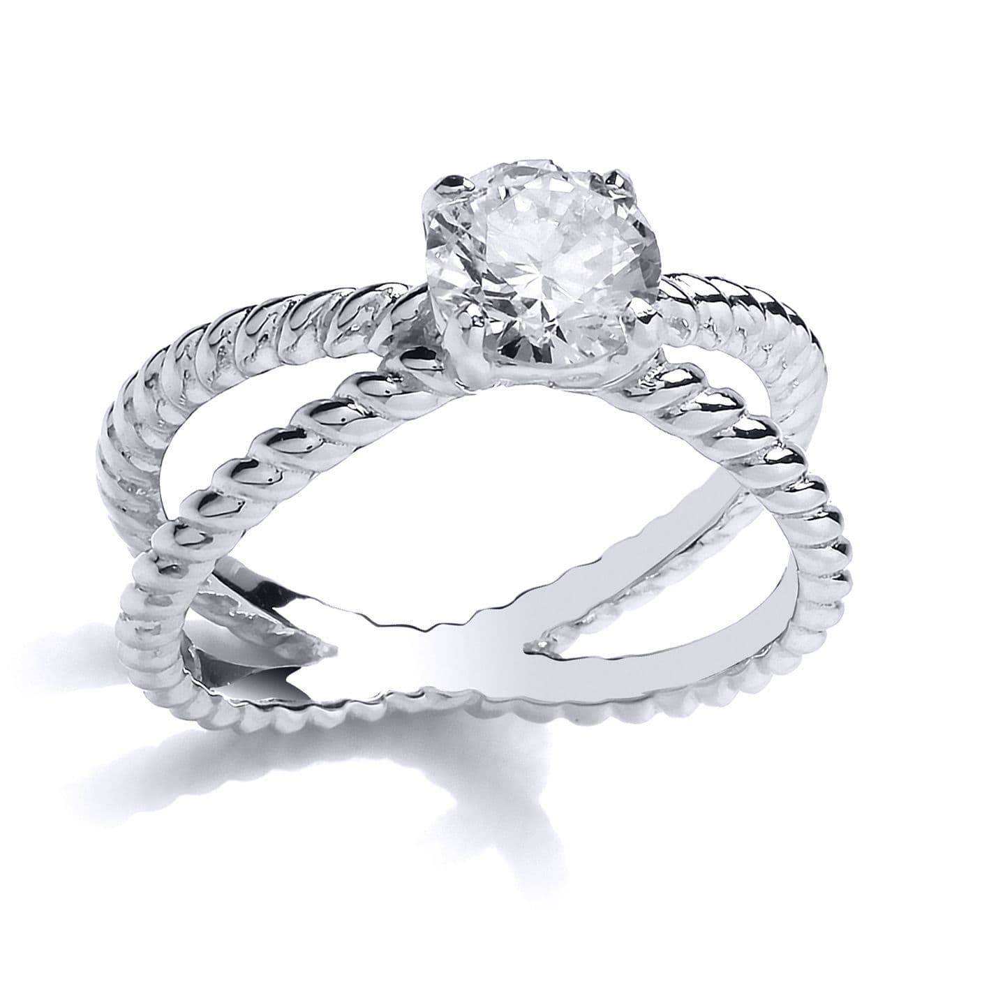 Silver CZ Split Rope Twist Solitaire Engagement Ring P