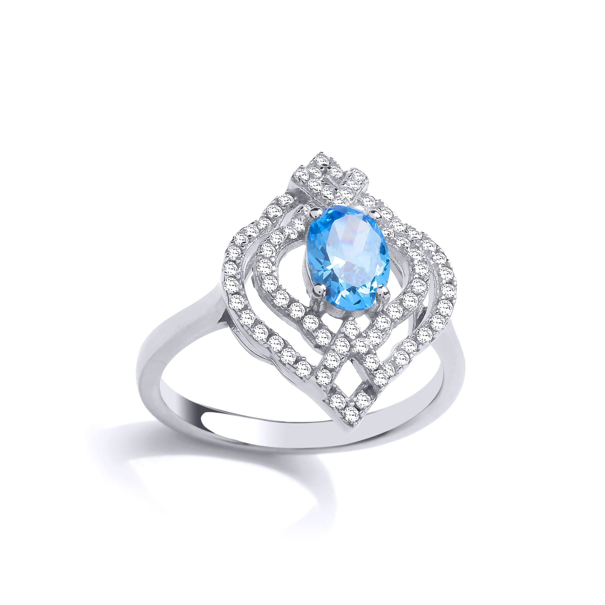 Silver Light Blue Oval CZ Arabesque Clover Lantern Cluster Ring White R