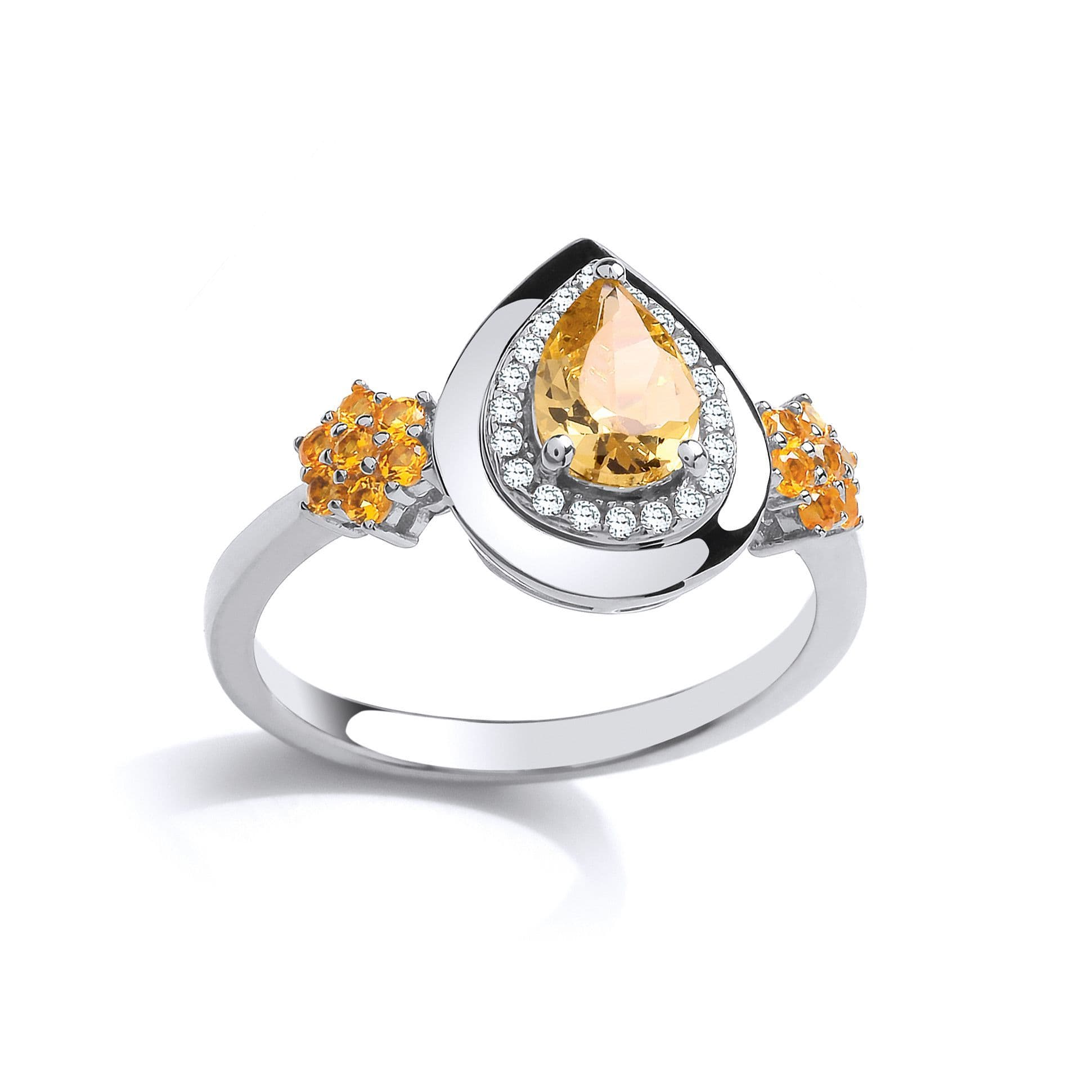 Silver Golden Yellow Pear CZ Tears Joy Halo Dress Ring