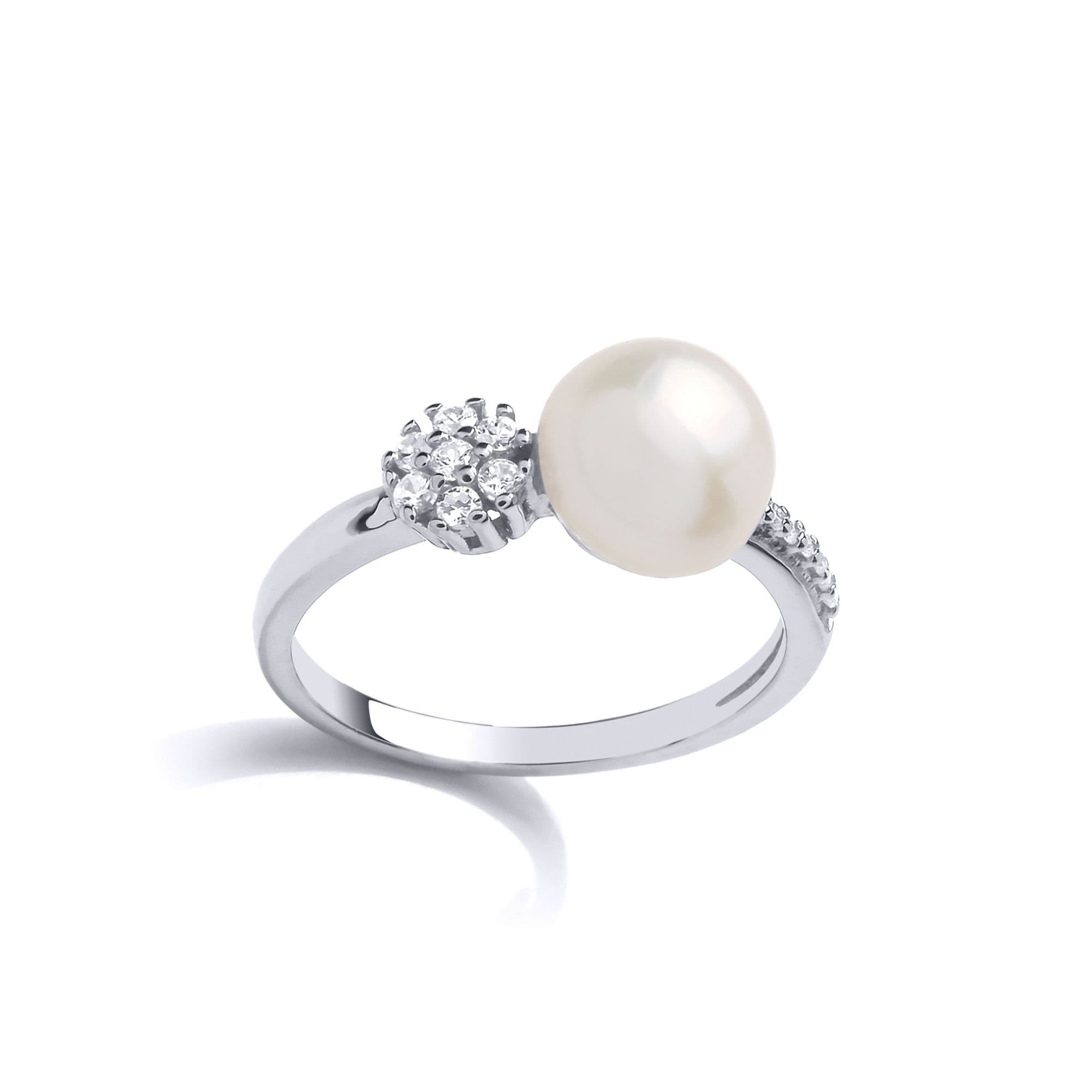 Silver CZ Pearl Full Moon Cluster Dress Ring 9mm R