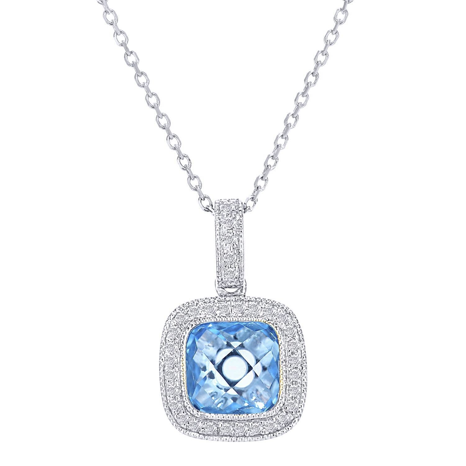 9ct White Gold Diamond Cushion 1.75ct Blue Topaz Necklace 16" DP1AXL679WBT