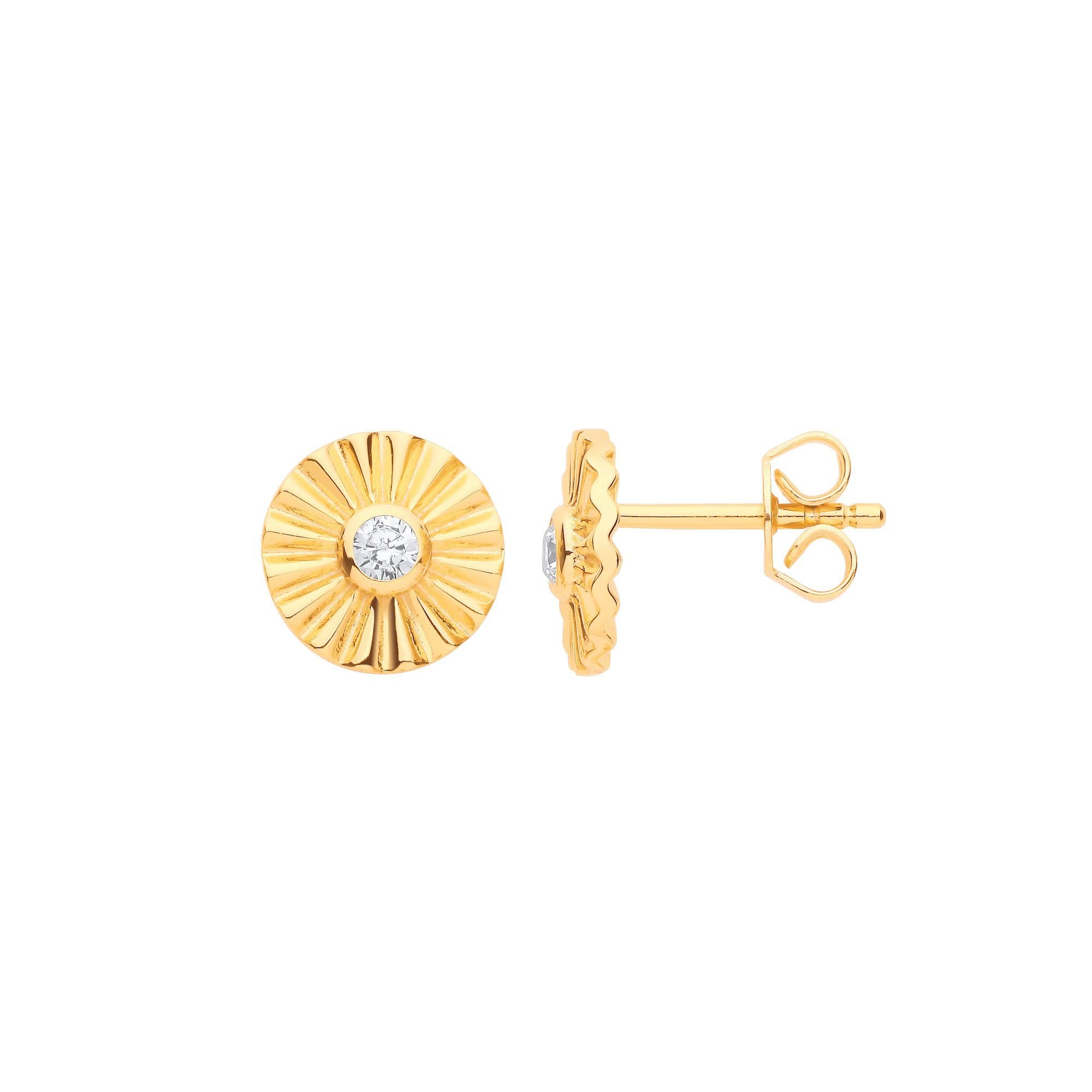 Gilded 925 Silver CZ Round Sun Sunburst Solitaire Stud Earrings