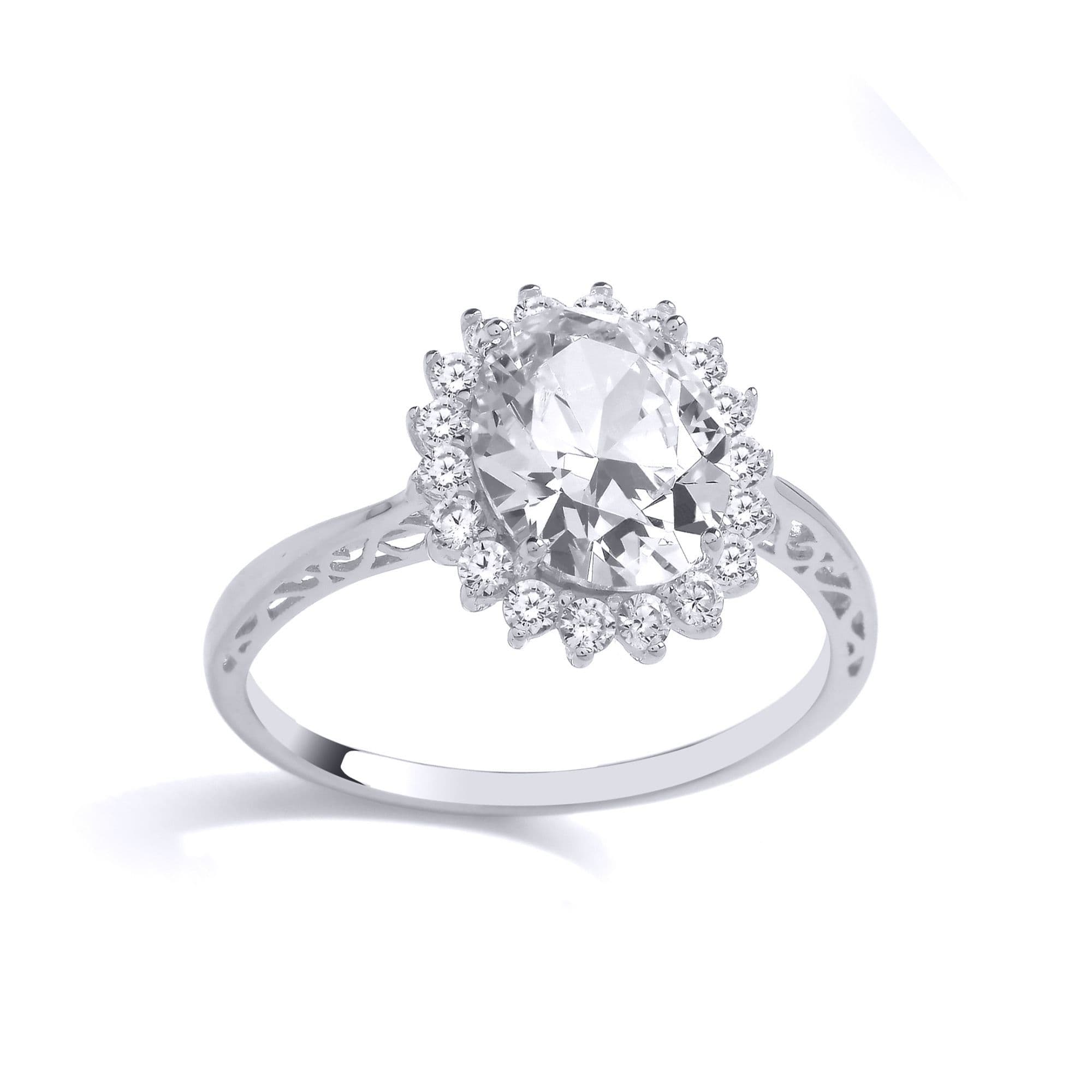 925 Silver Oval CZ Filigree Edged Halo Solitaire Cocktail Ring N