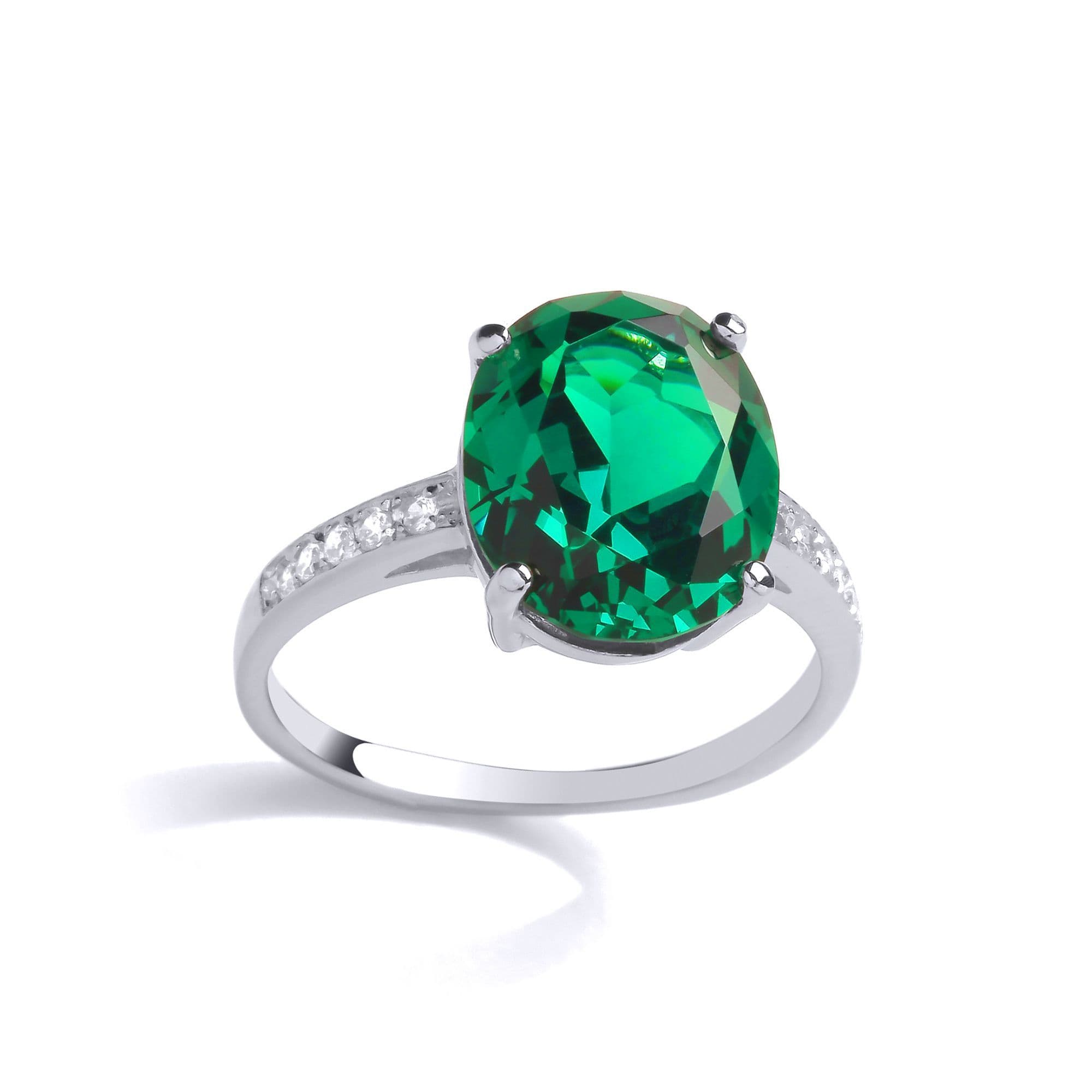 925 Silver Green Oval CZ Shoulder Set Solitaire Cocktail Ring GVR892 O