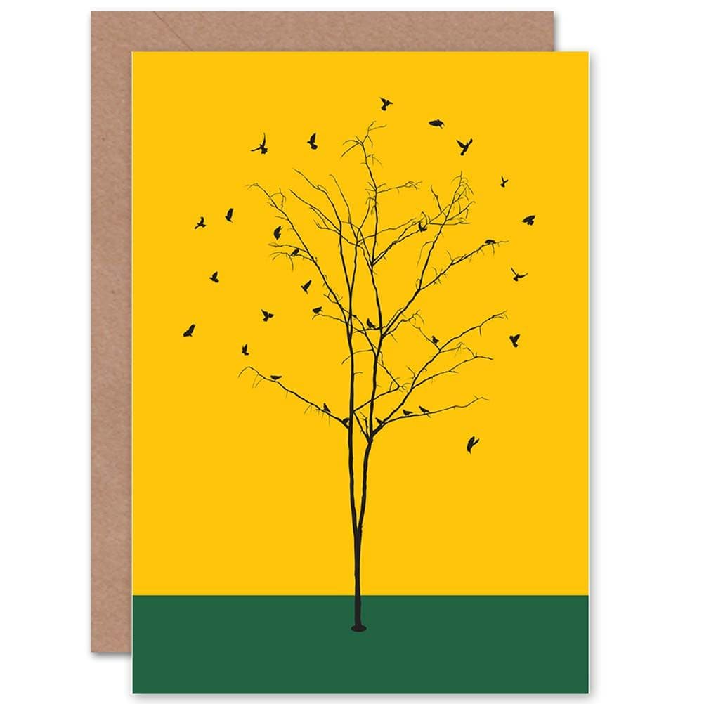 Bare Winter Tree With Birds Green Yellow Greetings Card