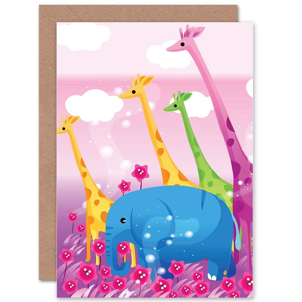 Giraffes Elephant Cartoon Greetings Card
