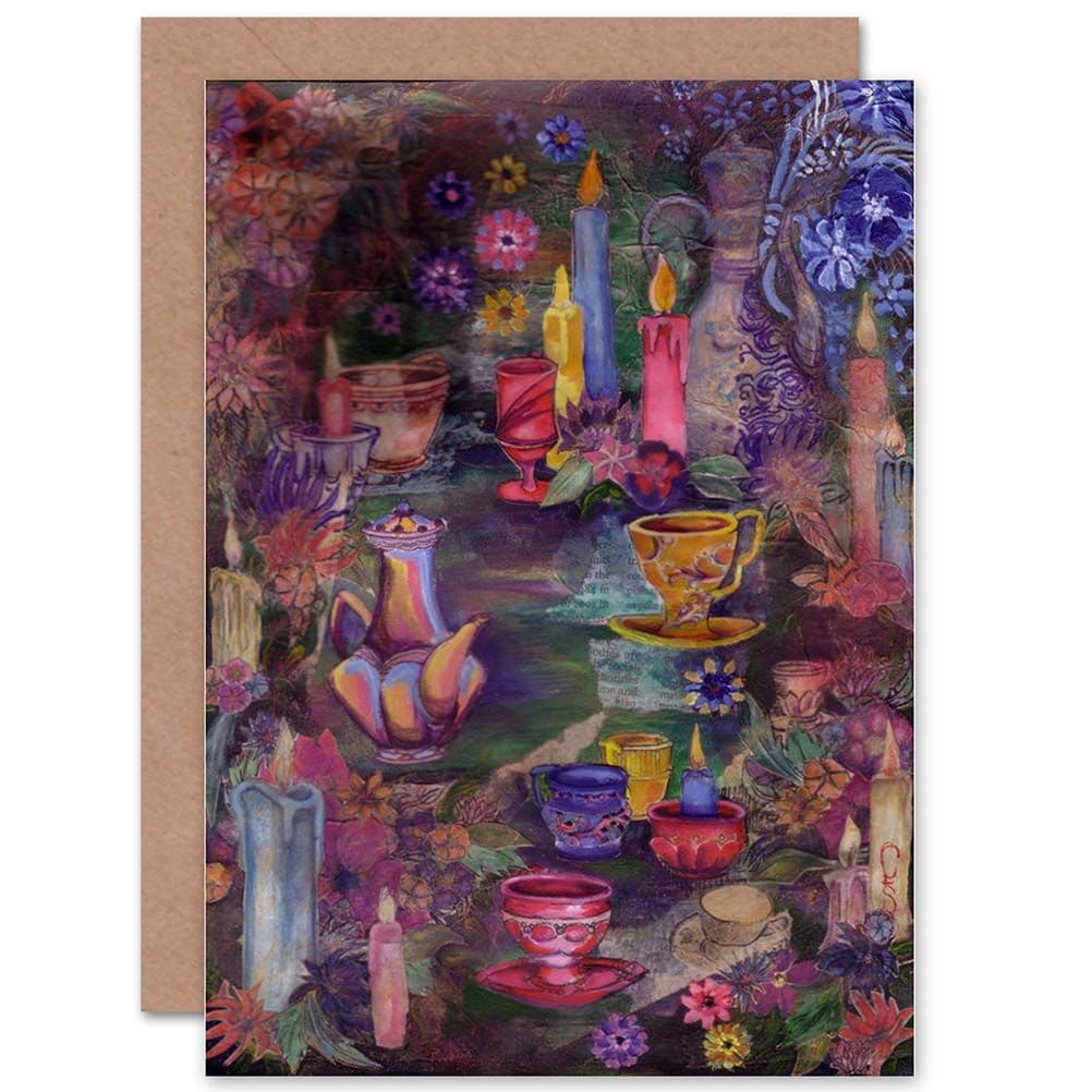 Flowers, Candles And Teacups Claire Saunders Greetings Card