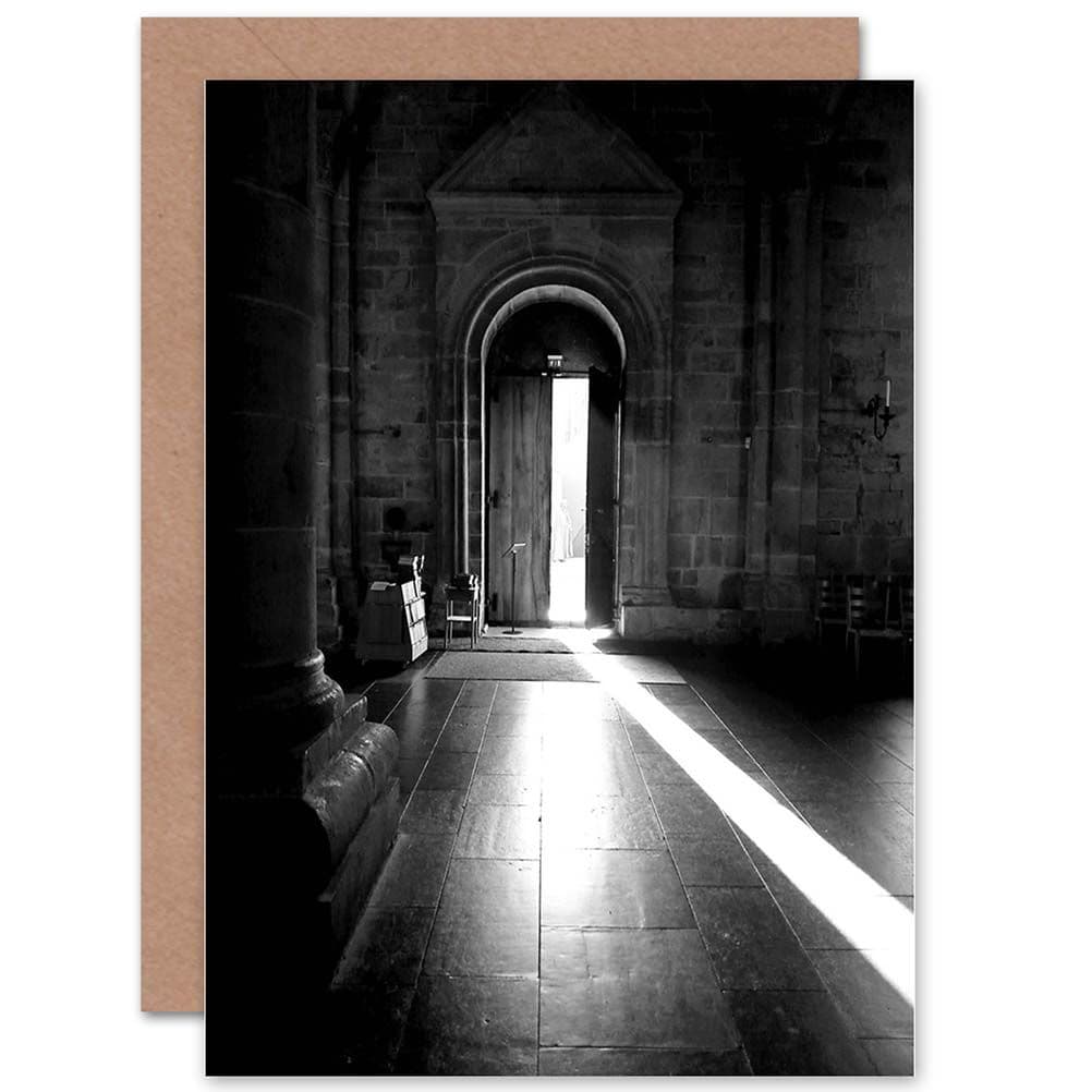 Black White Church Door Sunbeam Shade Interior Light Greetings Card
