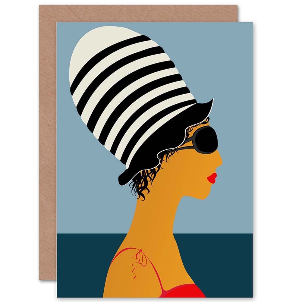 Girl At Beach Beehive Black White Stylized Greetings Card